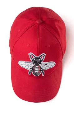 Red cap with a sequin fly patch on it, isolated on white background Foto stock