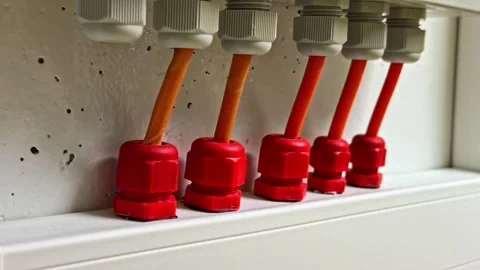 Red Capped Cable Glands In Utility Room Stock Footage 333326341