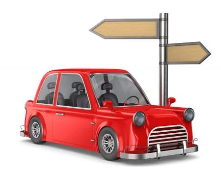 Red car and road pointer on white background. Isolated 3D illustration Illustrazione stock