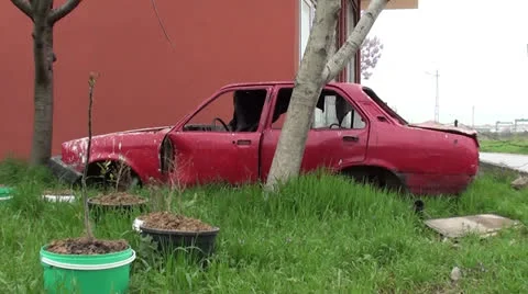 Red car carcass Stock Footage 25110430