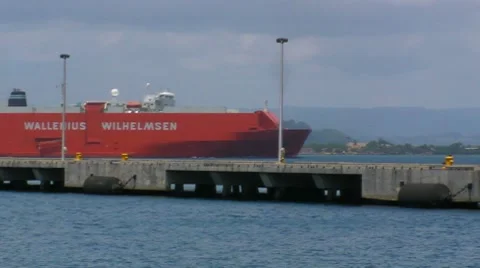 Red Car Cargo Ship Vessel in harbor Stock Footage 7751973