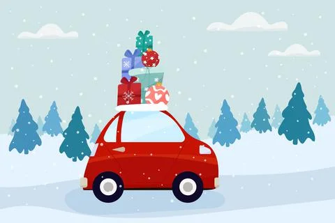 A red car carries a stack of gifts for the celebration of Christmas and New Year Illustrazione stock