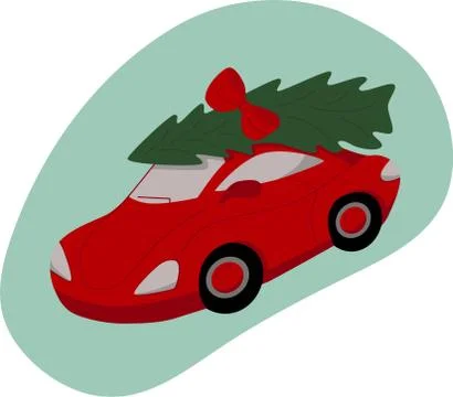 Red car with Christmas tree. Vector stock winter illustration isolated on white Stock Illustration