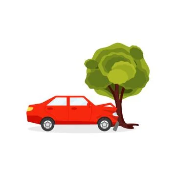 Red car crashed into big green tree. Auto accident scene. Driving safety theme Stock Illustration