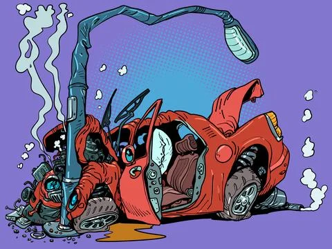 The red car crashed into a lamppost. Road accident. Road safety issues. Stock Illustration