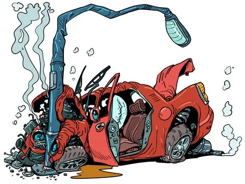 The red car crashed into a lamppost. Road accident. Road safety issues. Stock Illustration