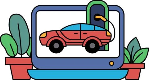 A red car is displayed on a computer screen with a green door Ilustración de archivo