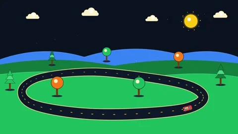 A Red Car Driving Around a Circular Road in a Stylized Night Landscape Видео 344055288
