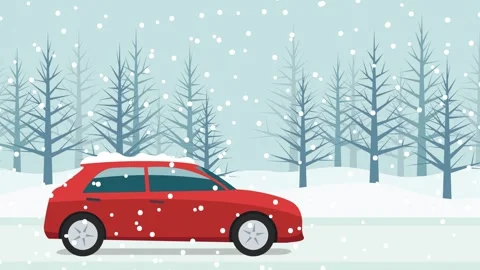 Red car is driving down a snowy road in a forest under a snowfall and icy roa Stock Footage 283539637