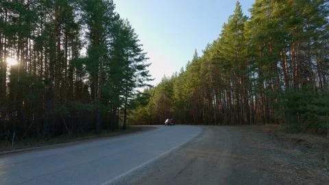 A red car is driving through a quiet area at high speed. Densely standing trees Stock Footage 153094508