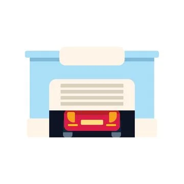 Red car entering garage with automatic door opening upwards Ilustración de archivo