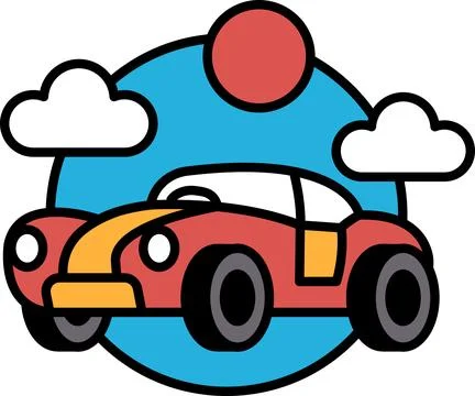 A red car is flying through the sky with a sun in the background Stock Illustration