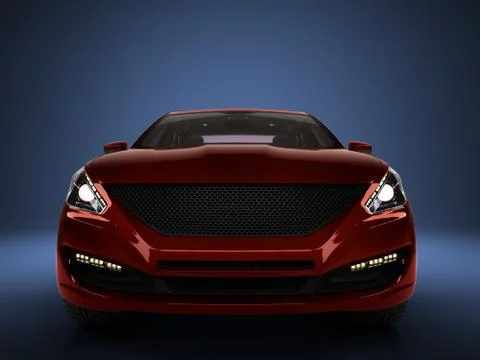 Red car front view 3d render on blue gradient Illustrazione stock