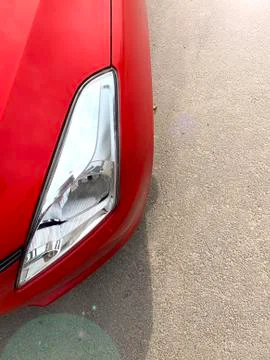 Red Car Headlight top view on the Road. Stock Photos