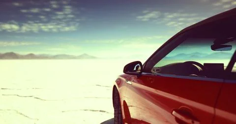 Red car parked on an expansive salt flat during bright daylight 库存插图