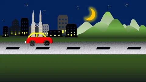 Red car pass through city streets and mountain areas as day turns to night. Stock Footage 155161899