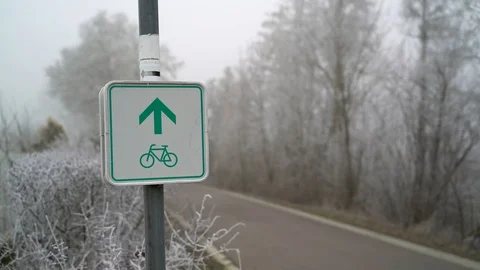 Red car passing by cycle path during winter, Heuchlingen, Germany. Stock Footage 102647814