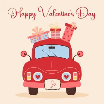 Red car with present boxes on top. Happy Valentines day card. Love retro car. Stock Illustration