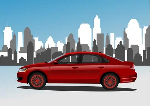 Red car sedan on the road. Vector 3d hand drawn illustration 스톡 일러스트