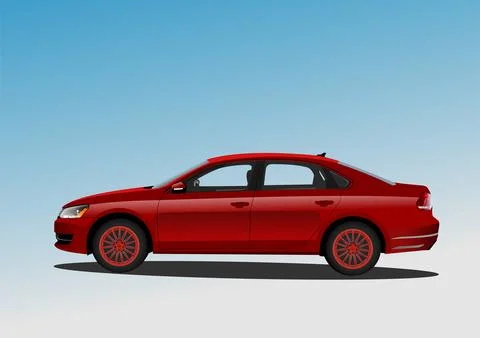 Red car sedan on the road. Vector 3d hand drawn illustration Stock Illustration