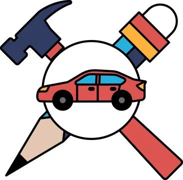 A red car is surrounded by a hammer, a screwdriver, and a pair of scissors Ilustração Stock