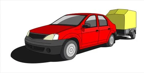 Red Car With Trailer, Front view, Three-quarter view. Stock Illustration