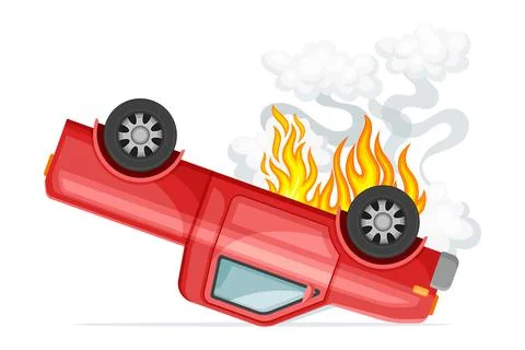 Red car turned upside down in fire. Damaged vehicle, auto insurance case vector Stock Illustration