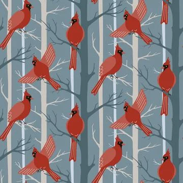 Red cardinal birds seamless pattern. Northern cardinal birds and trees Stock Illustration