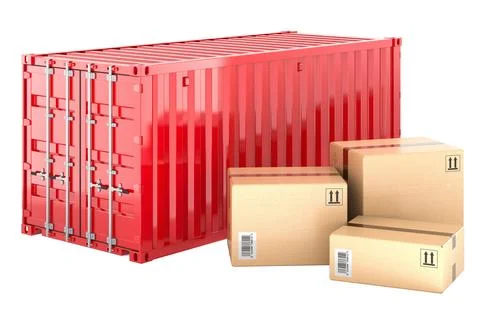 Red cargo container with parcels, cardboard boxes. 3D rendering イラスト素材