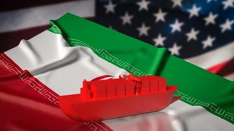 Red Cargo Container Ship Over Iran And United States Flags Trade Concept 3d.. Illustration