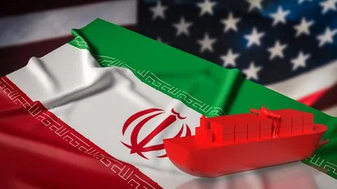 Red Cargo Container Ship Over Iran And United States Flags Trade Concept 3d.. Stock Illustration