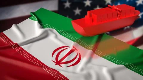 Red Cargo Container Ship Over Iran And United States Flags Trade Concept 3d.. Stock Illustration