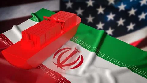 Red Cargo Container Ship Over Iran And United States Flags Trade Concept 3d.. Stock Illustration