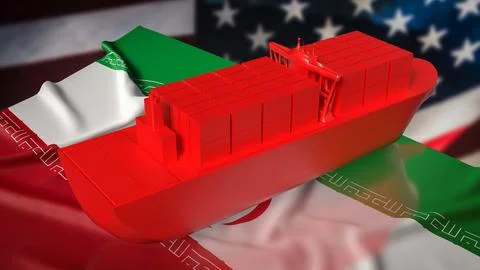 Red Cargo Container Ship Over Iran And United States Flags Trade Concept 3d.. Stock Illustration