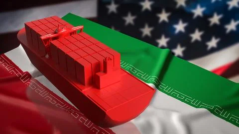 Red Cargo Container Ship Over Iran And United States Flags Trade Concept 3d.. Illustration