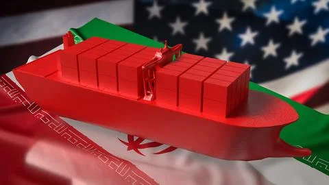 Red Cargo Container Ship Over Iran And United States Flags Trade Concept 3d.. Illustration