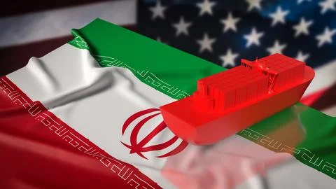 Red Cargo Container Ship Over Iran And United States Flags Trade Concept 3d.. Illustration