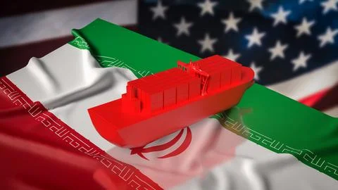 Red Cargo Container Ship Over Iran And United States Flags Trade Concept 3d.. Stock Illustration