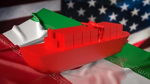 Red Cargo Container Ship Over Iran And United States Flags Trade Concept 3d.. Illustration