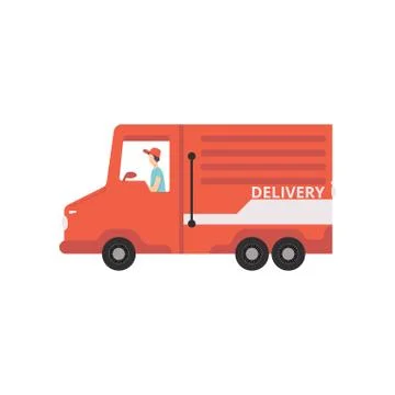 Red cargo delivery van with courier, fast shipping concept vector Illustration Stock Illustration