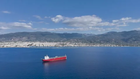 Red Cargo Ship off Kalamata and Taygetus Mountains Stock Footage 336794014