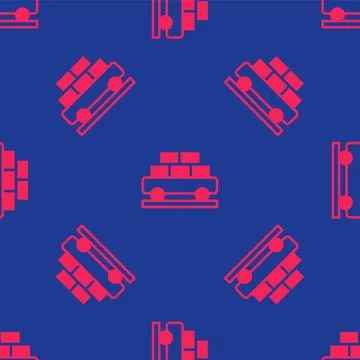 Red Cargo train wagon icon isolated seamless pattern on blue background. Full Stock Illustration