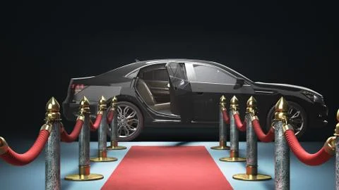 Red carpet for event from camera to lux car 3d render on darck blue backgroun 스톡 일러스트