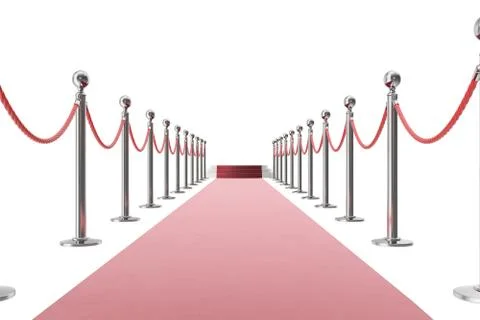 Red carpet isolated on white background. 3d rendering of silver stanchions and Stock Illustration