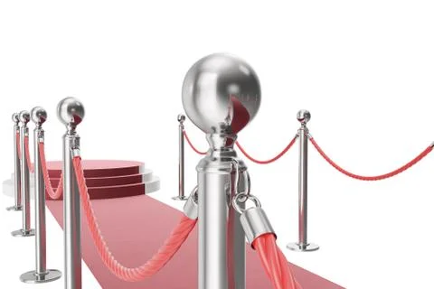 Red carpet isolated on white background. 3d rendering of silver stanchions and Stock Illustration