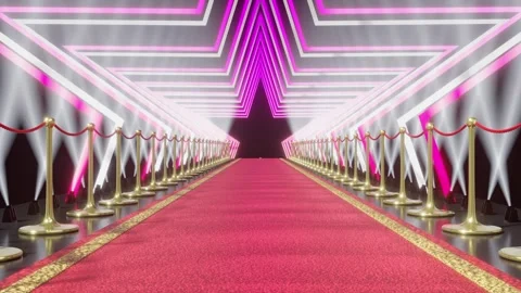 Red Carpet through Neon Star Tunnel and Flashing Lights Stock Footage 333486419