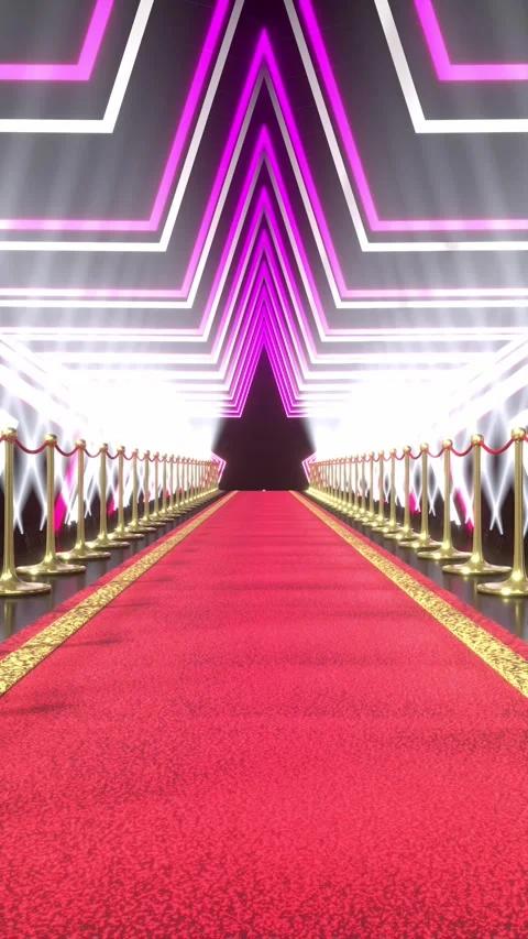 Red Carpet through Neon Star Tunnel and Flashing Lights Stock Footage 333642255