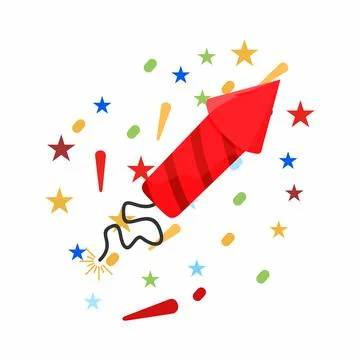 Red Cartoon Firework Rocket with Stars and Confetti. Birthday, Party Icon v.. Illustrazione stock