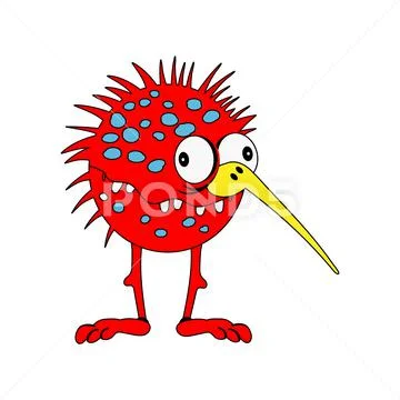 Red cartoon nosed and big-eyed monster bird with big teeth. vector illustrati Stock Illustration
