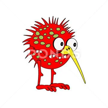 Red cartoon nosed and big-eyed monster bird with big teeth. vector illustrati Stock Illustration